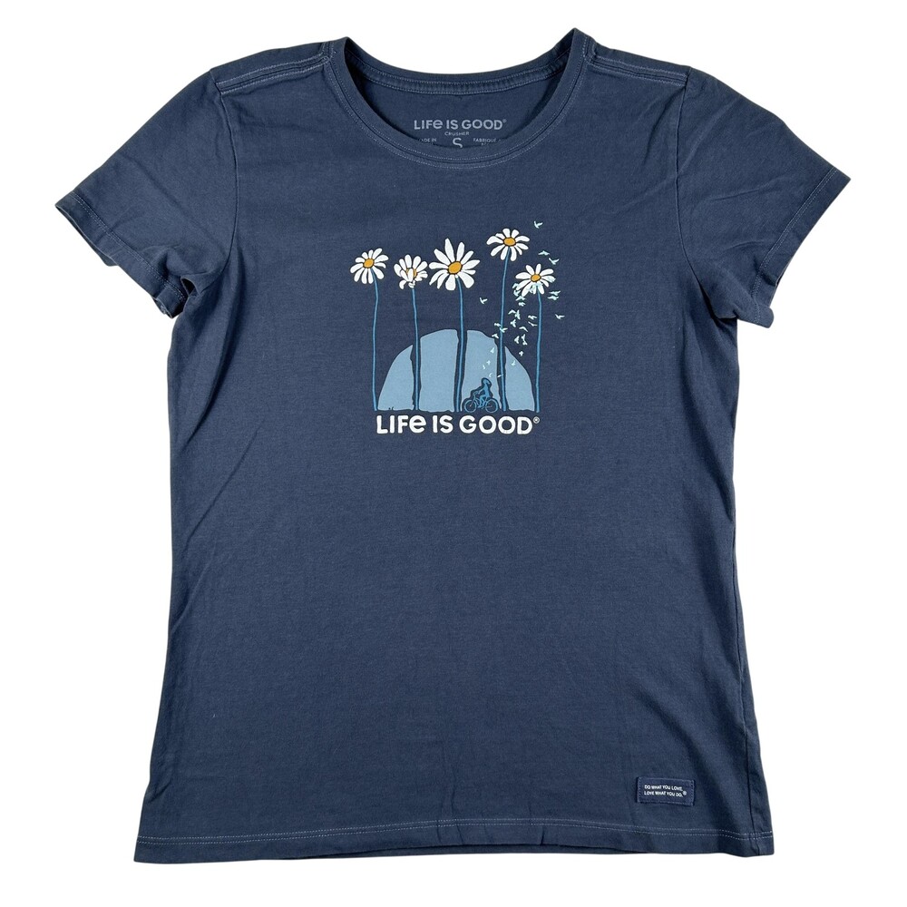 Life Is Good Shirt Womens Small Blue Daisy Bike Graphic Crusher Cycling Tee